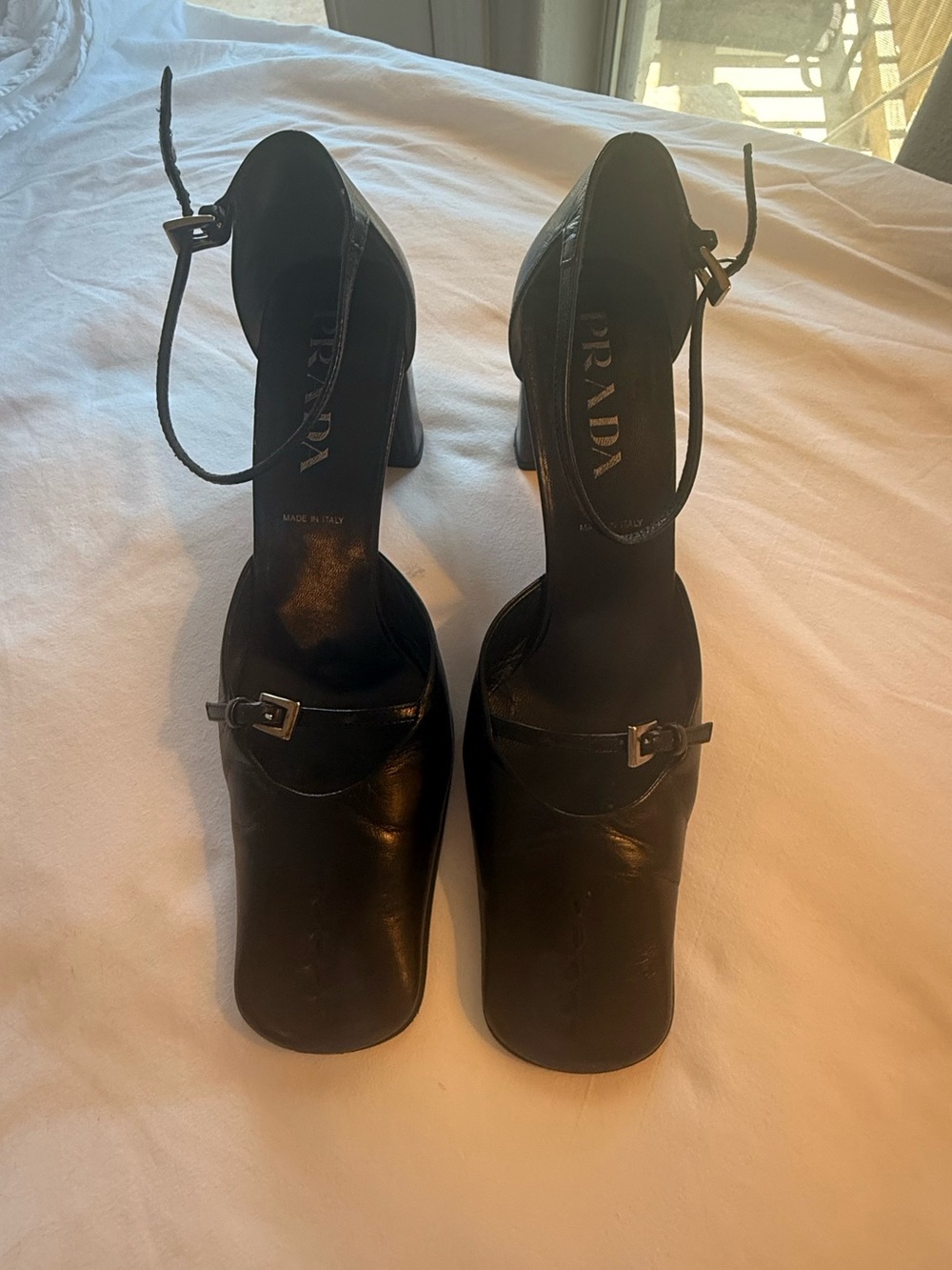 Prada Black Leather Square-Toe Ankle-Strap Heels